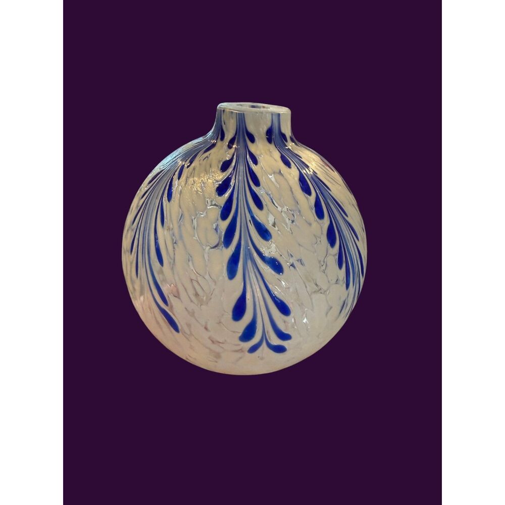Hand-Blown Art Glass Orb Vase Cobalt Blue Pulled Feather White Frit Pontil